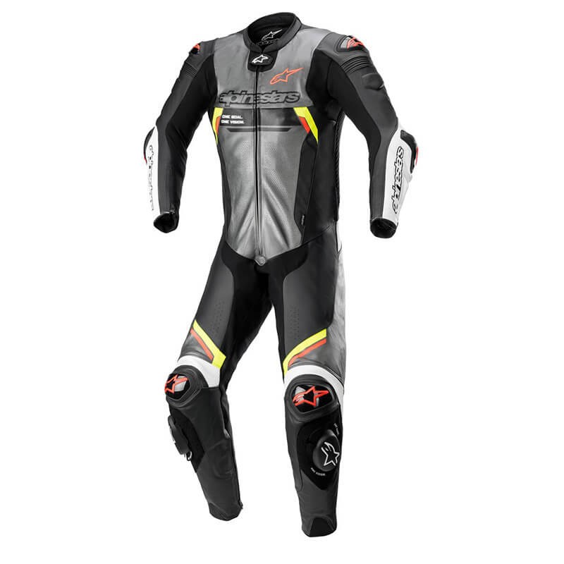 ALPINESTARS MISSILE v2 IGNITION TECH-AIR LEATHER SUIT - METAL GREY BLACK YELLOW FLUO RED FLUO